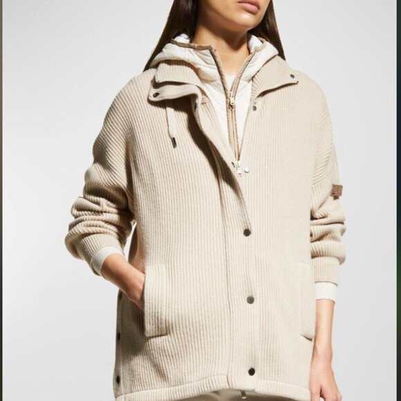 NWT $8895 BRUNELLO CUCINELLI CASHMERE RIB JACKET WITH HOODED QUILTED VEST INSERT - Picture 1 of 14